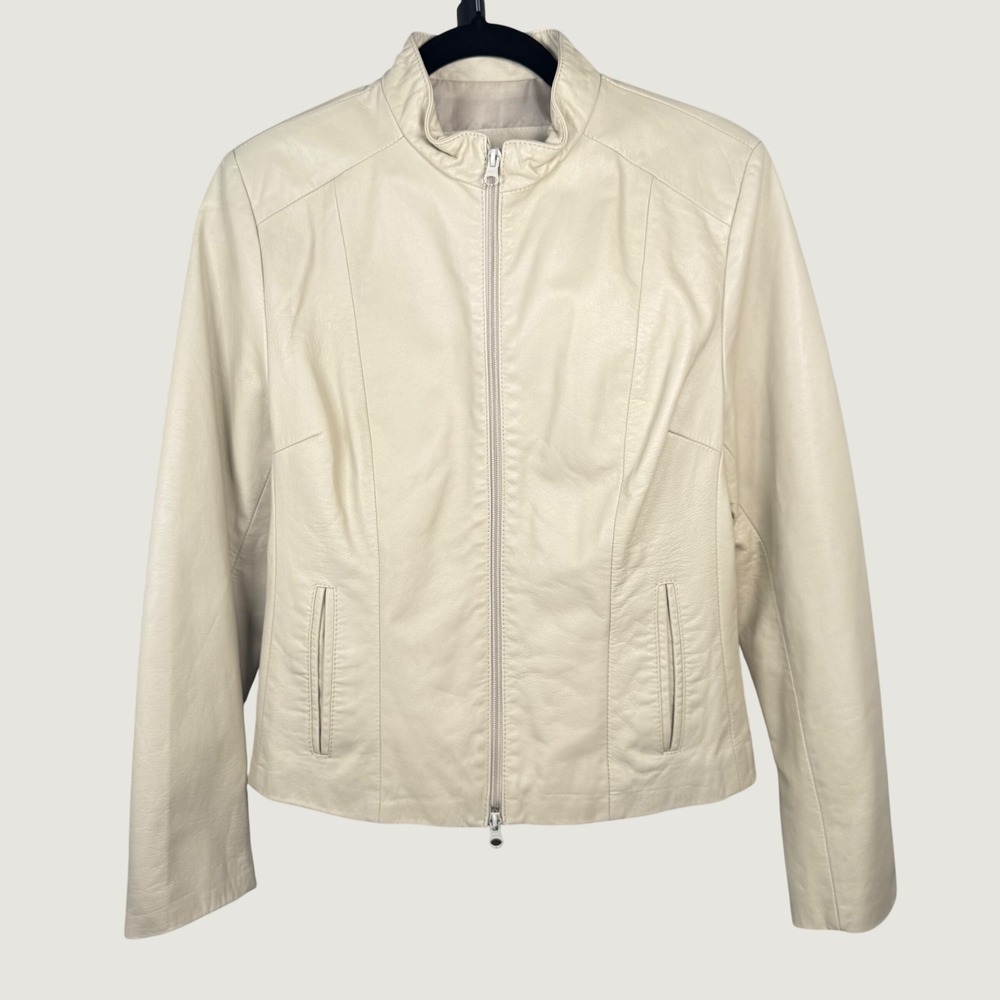 Vera Pelle Made in Italy Womens Cream Leather Moto Jacket Full Zip Size Large
